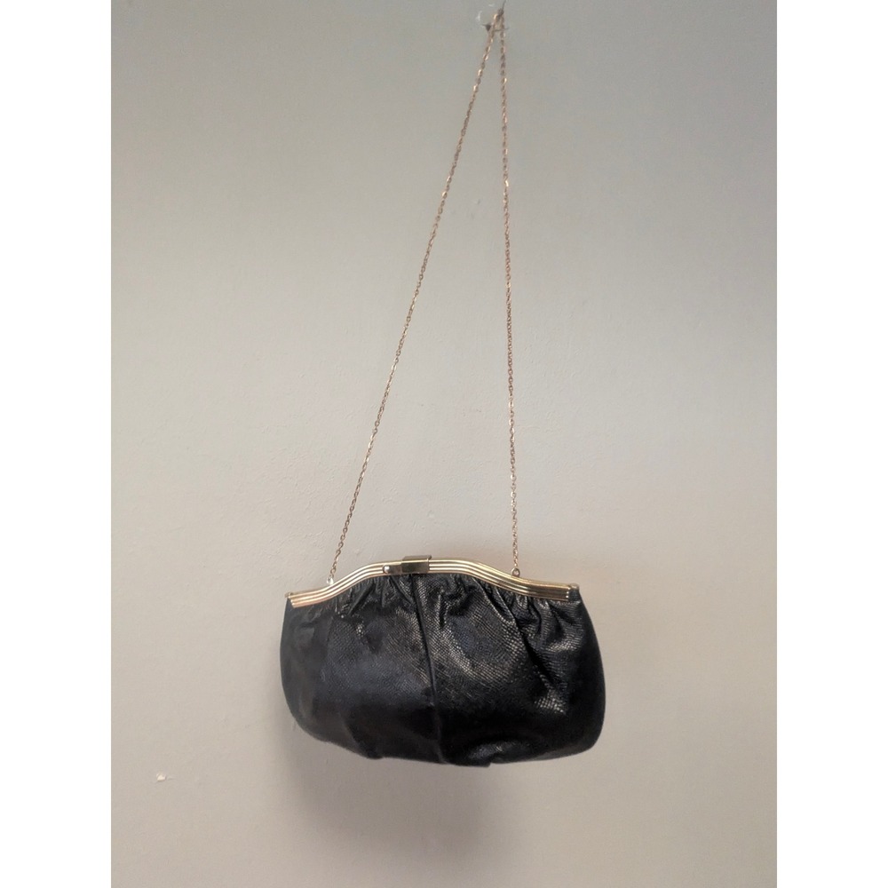 Vintage ETRA Black Evening Bag Gold Frame Chain Strap Clutch Purse